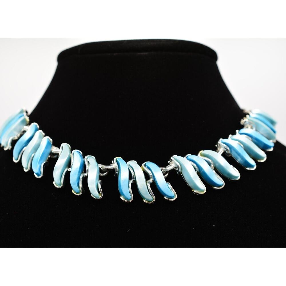 Vintage Choker Collar Necklace Sky Powder Blue Linked Silver Chain 1960s Bin3C